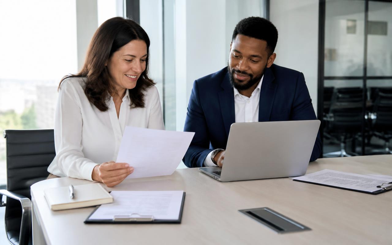 Two hiring managers reviewing candidate CVs together