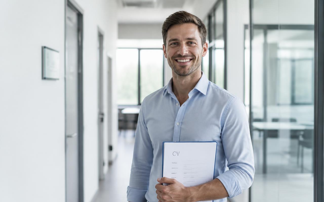 Professional job seeker holding a printed CV